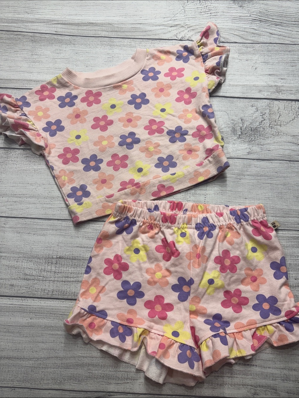 BearPaw Girls Pink Floral Ruffle Sleeve Top & Shorts Set
